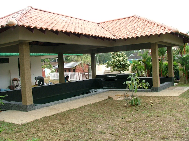 Stunning pergola over koi pond