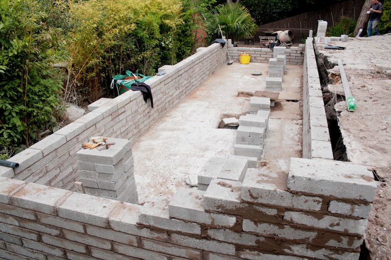 Blockwork being built for koi pond walls 3